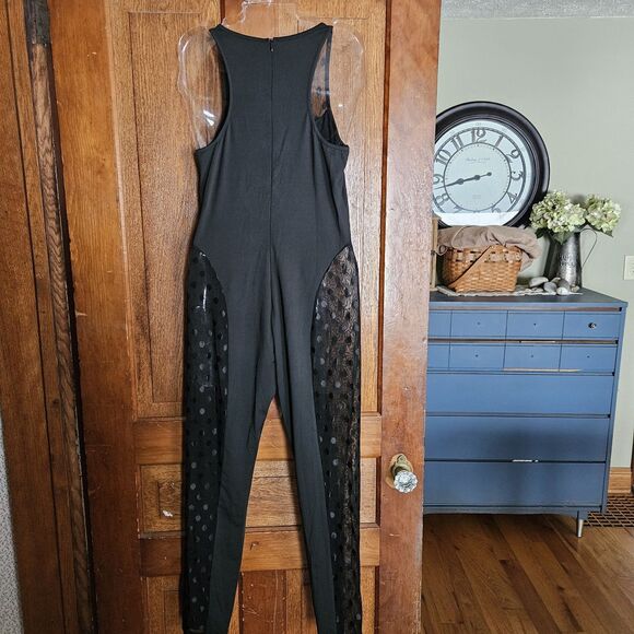 Black Bodysuit Lingerie Set Sheer & Solid Mesh Size Medium NEW Sexy Polka Dots - Picture 2 of 9